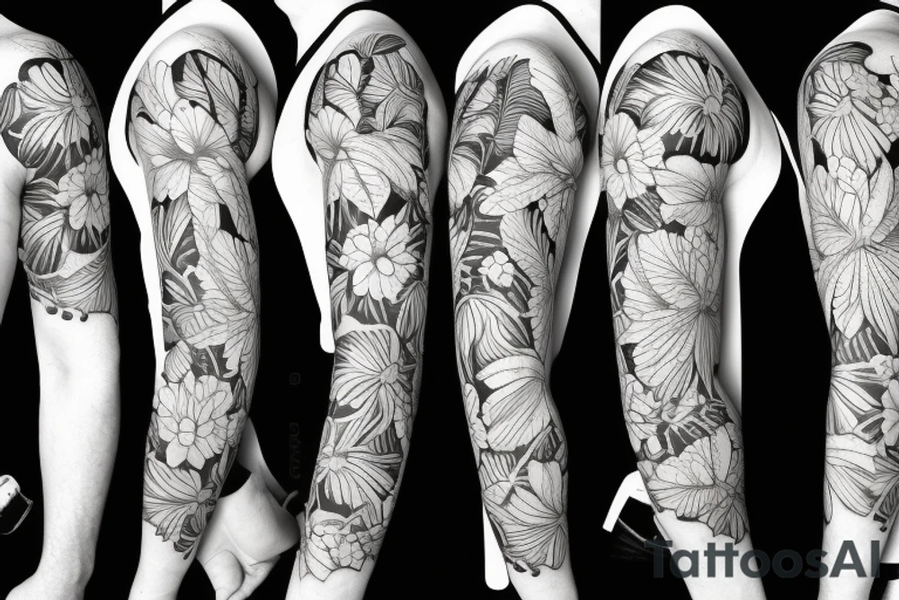 black background sleeve with tropical flowers tattoo idea