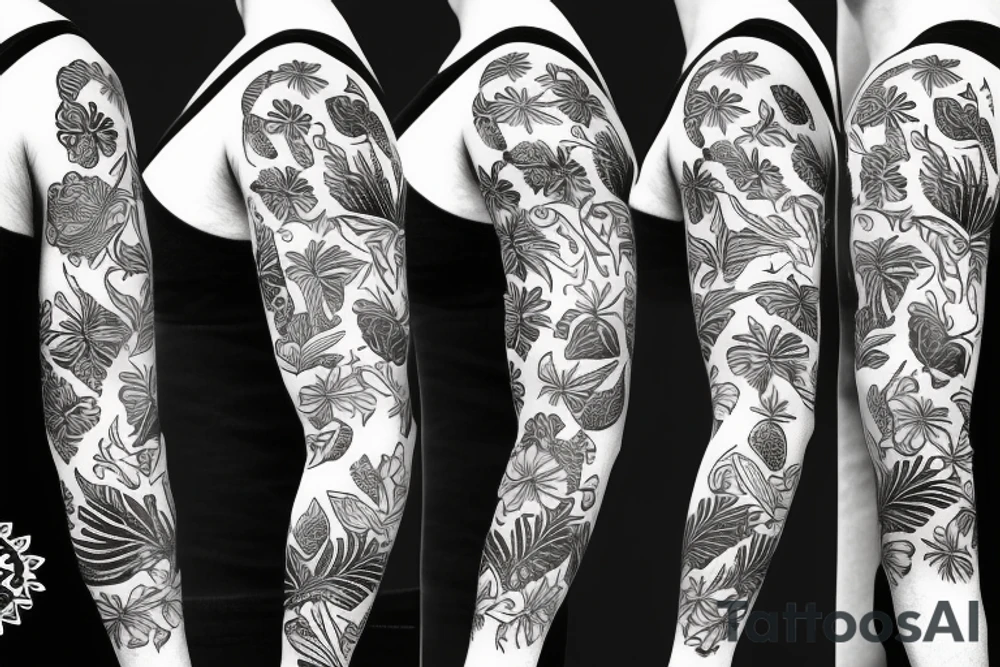 black background sleeve with tropical flowers tattoo idea