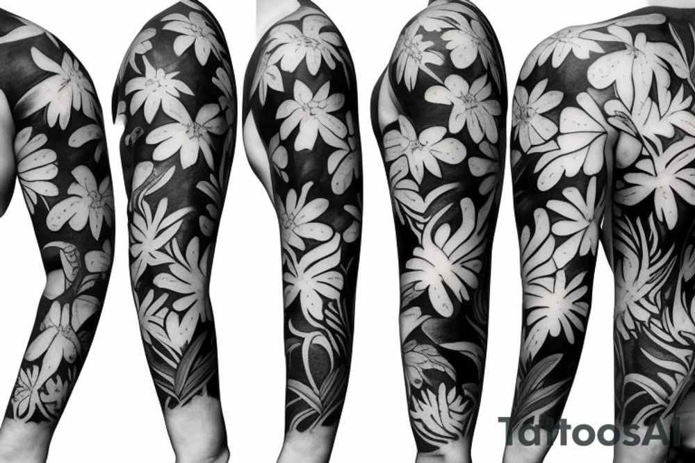 black background sleeve with tropical flowers tattoo idea
