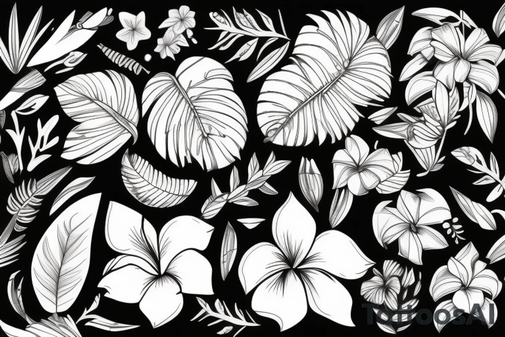 black background sleeve with tropical flowers tattoo idea