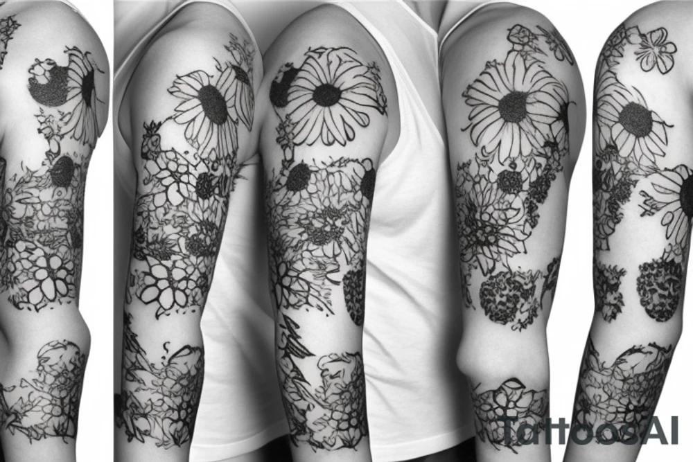 black background sleeve with chamomile tattoo idea