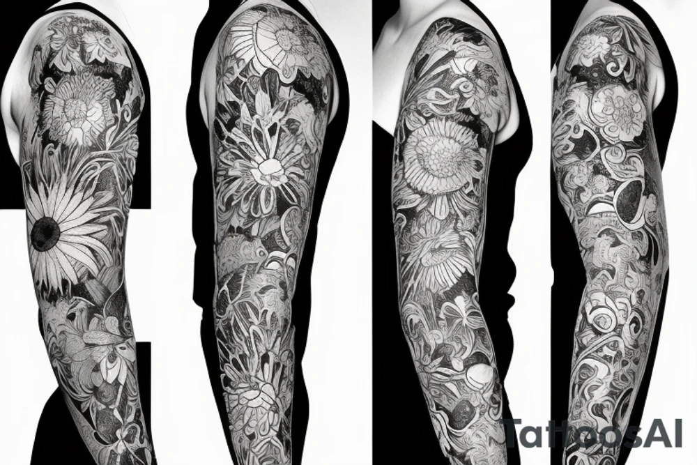 black background sleeve with chamomile tattoo idea