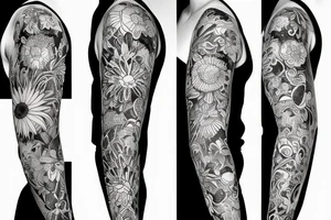 black background sleeve with chamomile tattoo idea