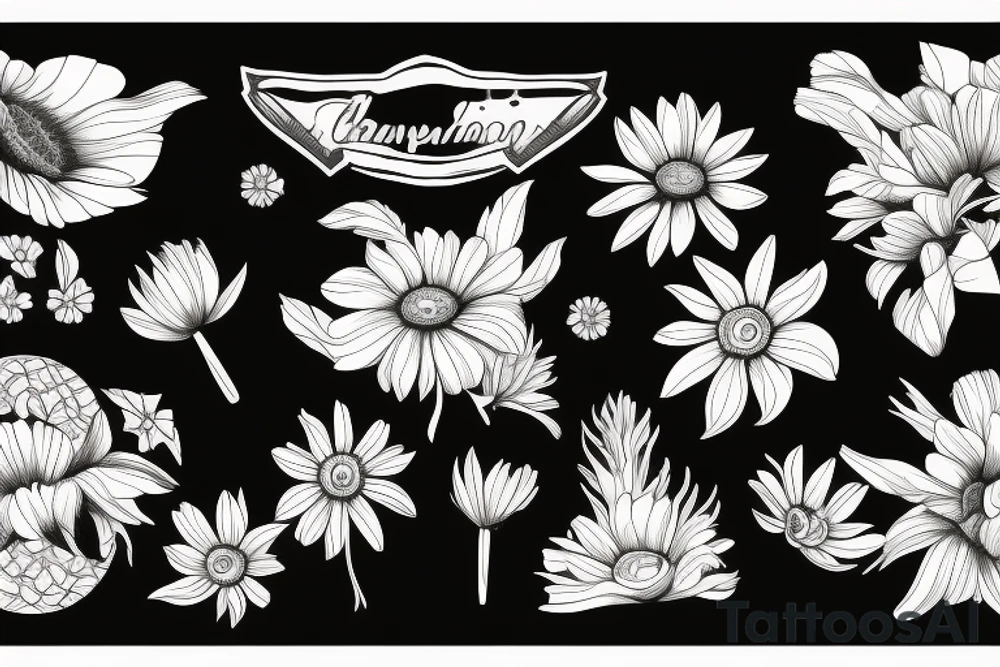 black background sleeve with chamomile tattoo idea