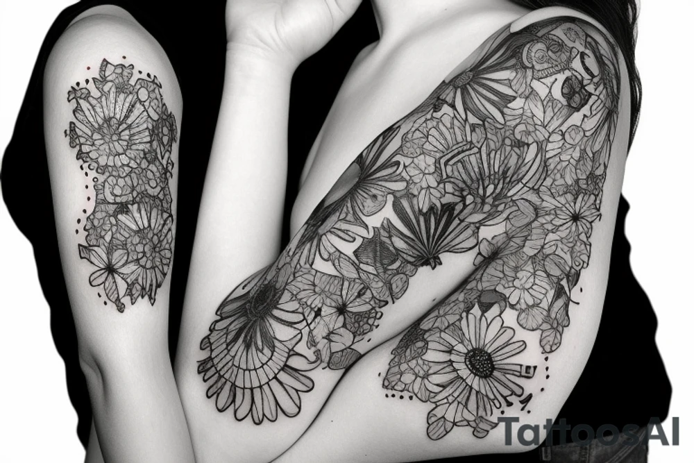black background sleeve with chamomile tattoo idea