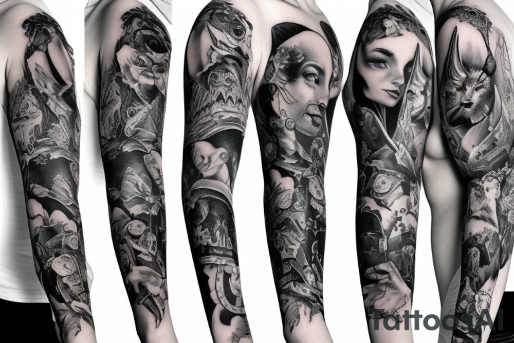 black background sleeve with the beauty and the Beast tattoo idea