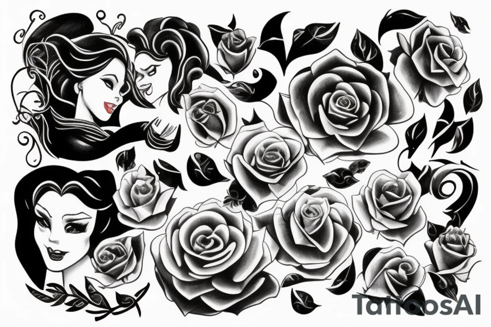 black background sleeve with the beauty and the Beast tattoo idea
