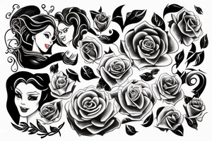 black background sleeve with the beauty and the Beast tattoo idea