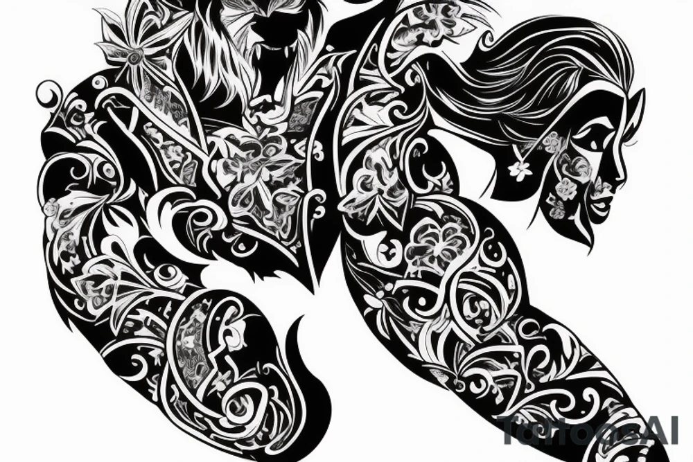 black background sleeve with the beauty and the Beast tattoo idea