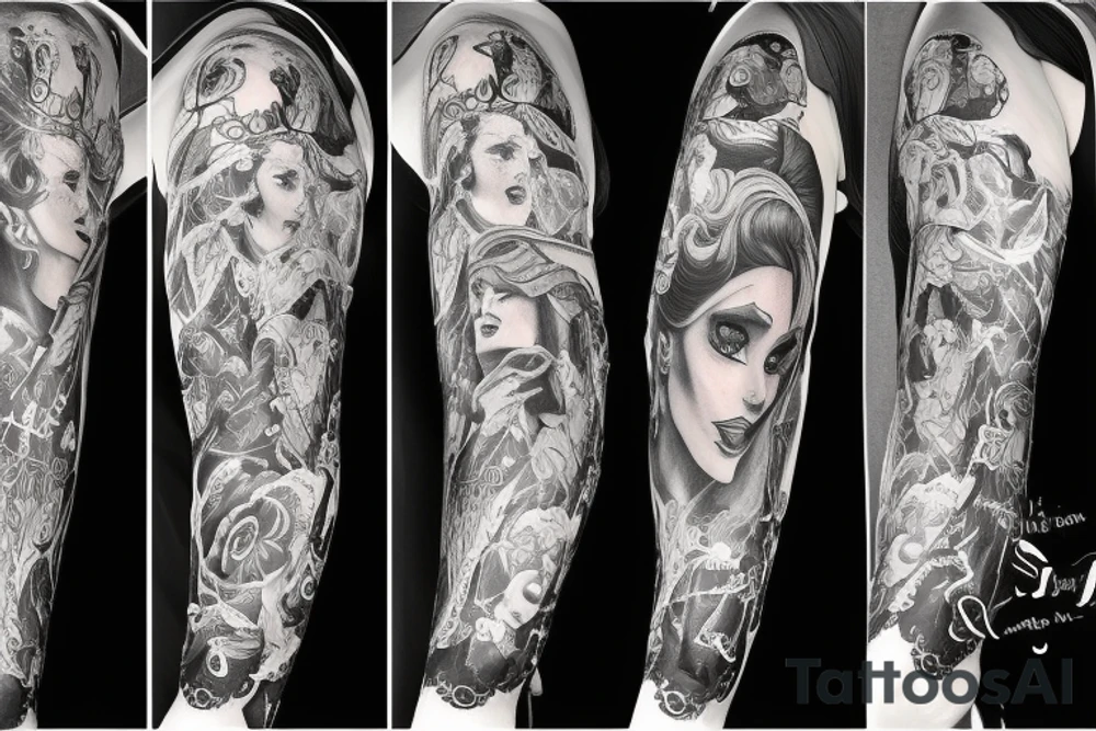 black background sleeve with the beauty and the Beast tattoo idea