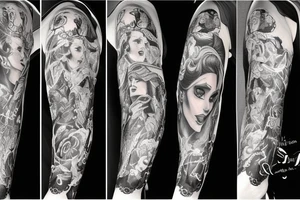 black background sleeve with the beauty and the Beast tattoo idea