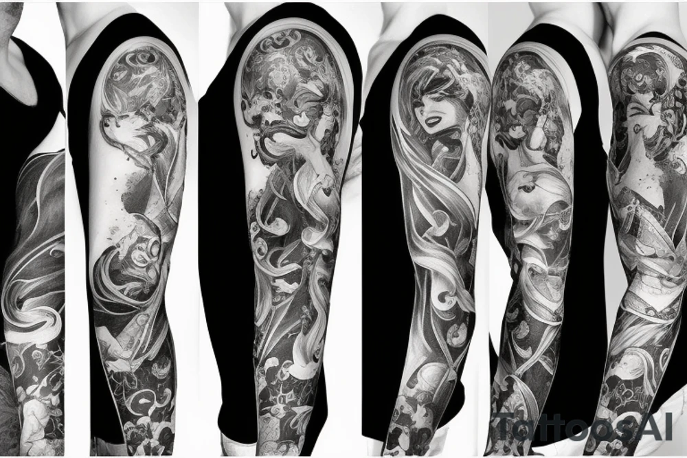 black background sleeve with the beauty and the Beast tattoo idea