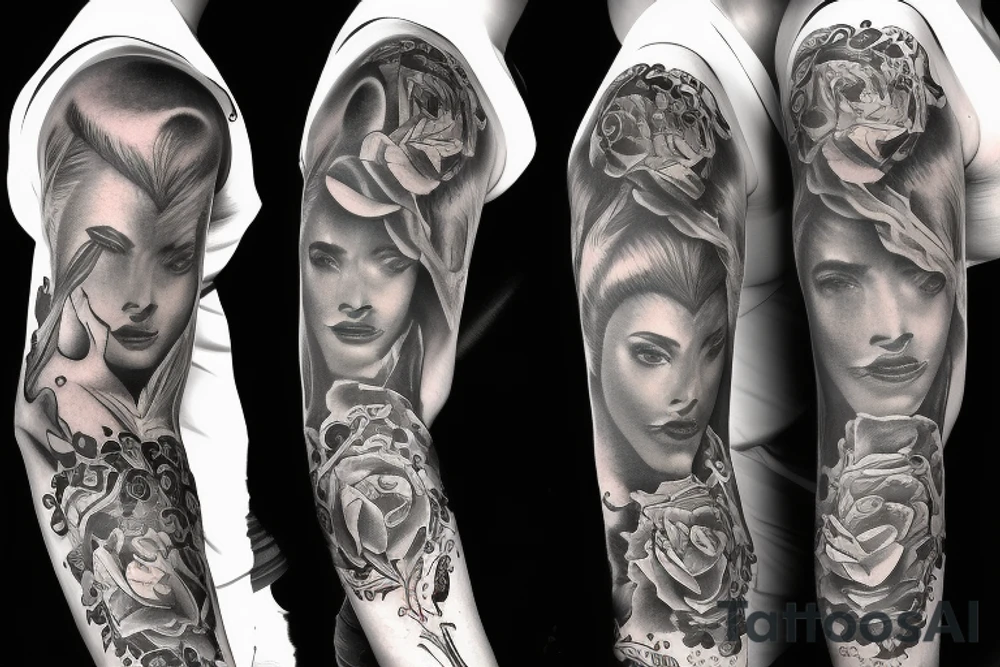 black background sleeve with the beauty and the Beast tattoo idea