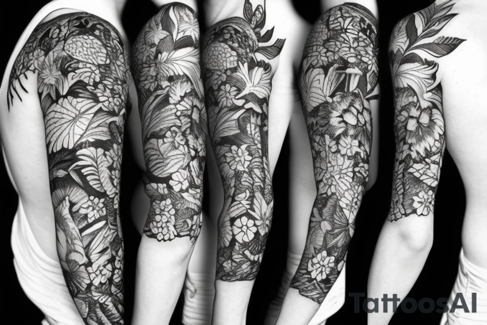 black background sleeve with tropical flowers tattoo idea