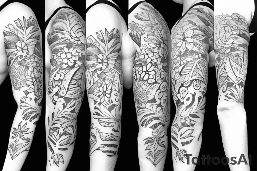 black background sleeve with tropical flowers tattoo idea