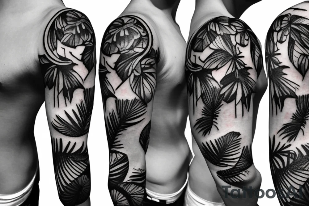 black background sleeve with tropical flowers tattoo idea