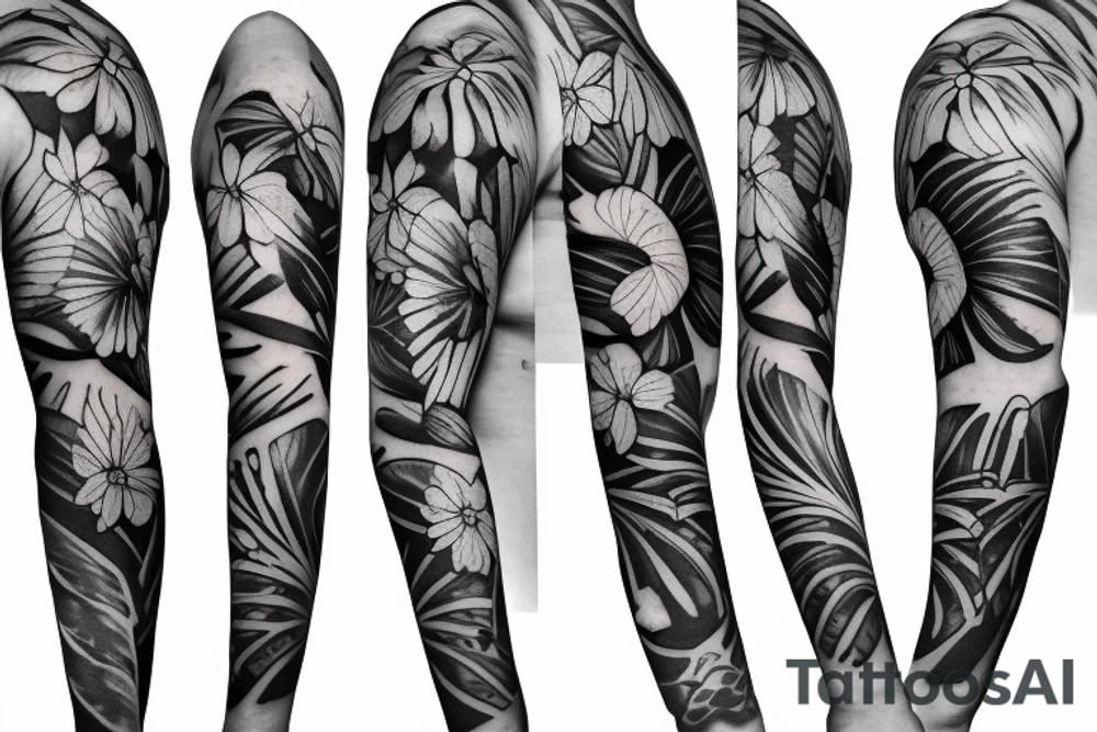 black background sleeve with tropical flowers tattoo idea