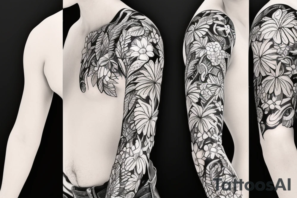 black background sleeve with tropical flowers tattoo idea