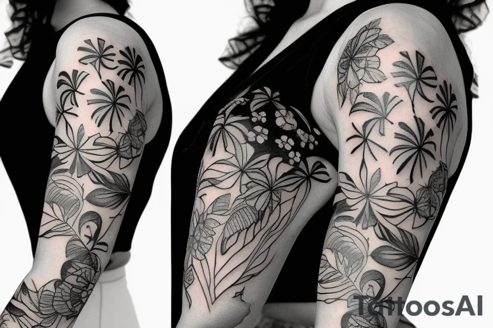 black background sleeve with tropical flowers tattoo idea