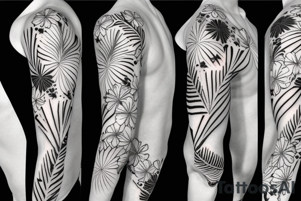 black background sleeve with tropical flowers tattoo idea
