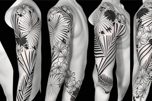 black background sleeve with tropical flowers tattoo idea