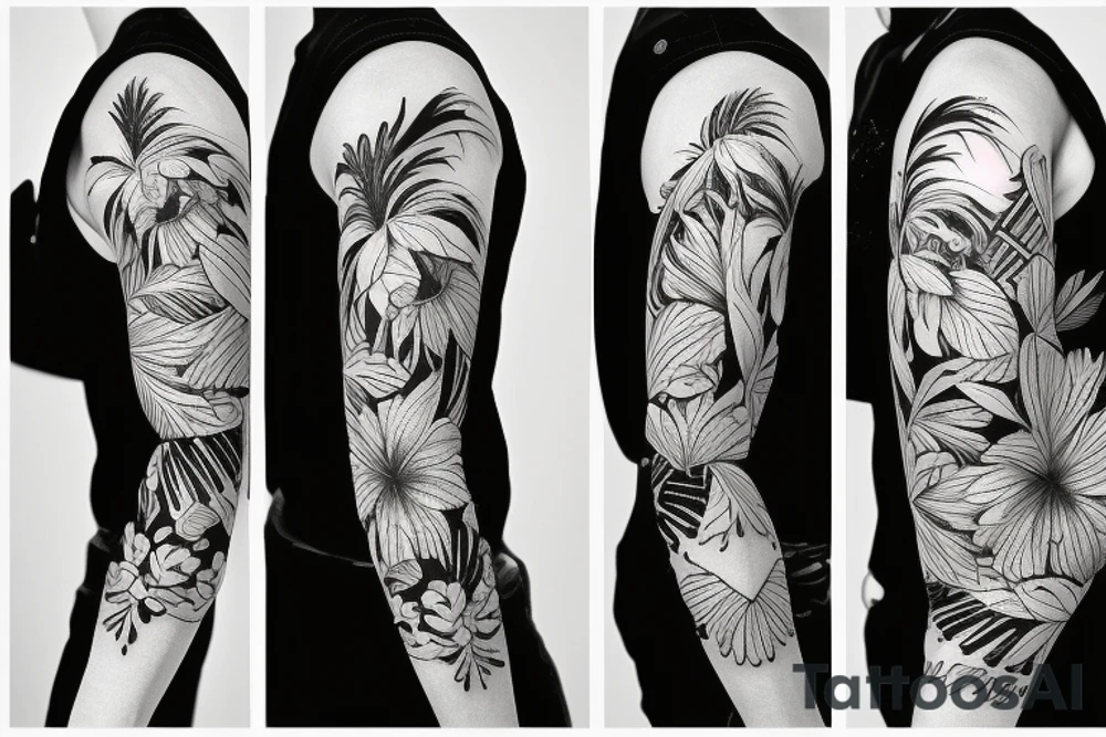 black background sleeve with tropical flowers tattoo idea