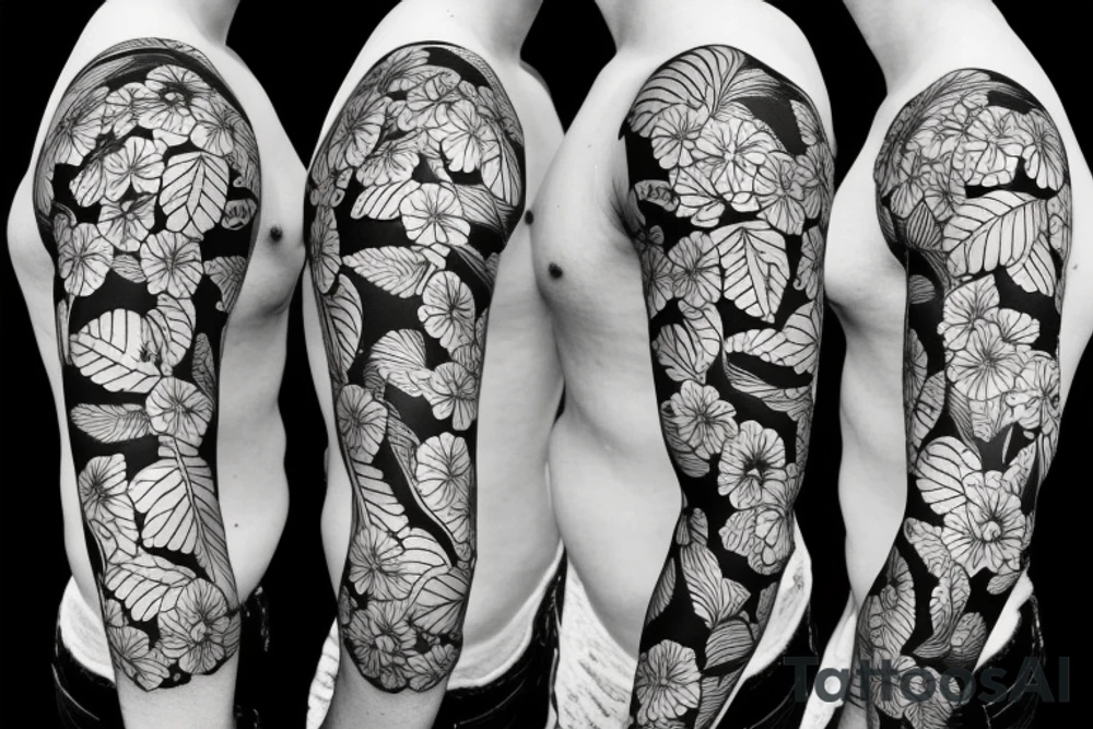 black background sleeve with tropical flowers tattoo idea