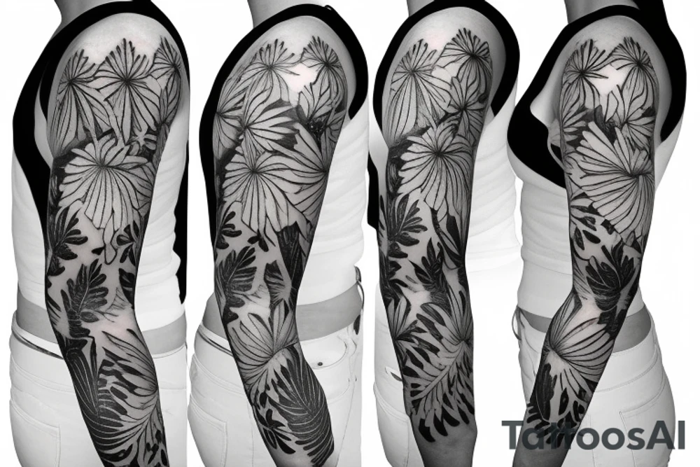 black background sleeve with tropical flowers tattoo idea black background sleeve with tropical flowers tattoo idea