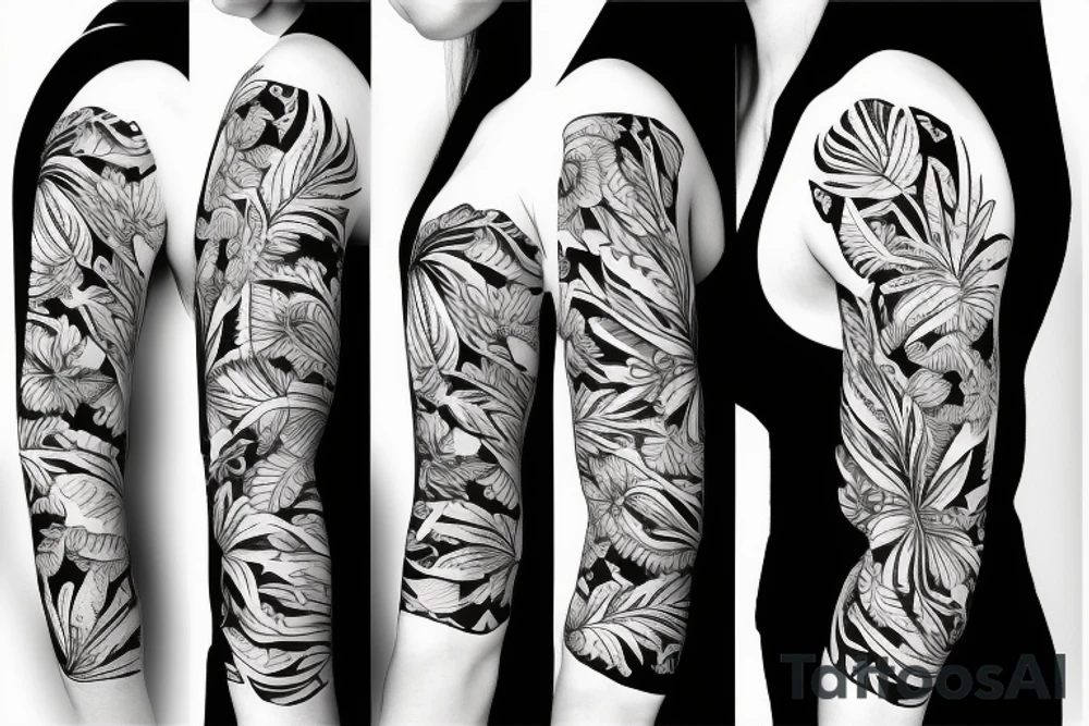 black background sleeve with tropical flowers tattoo idea black background sleeve with tropical flowers tattoo idea