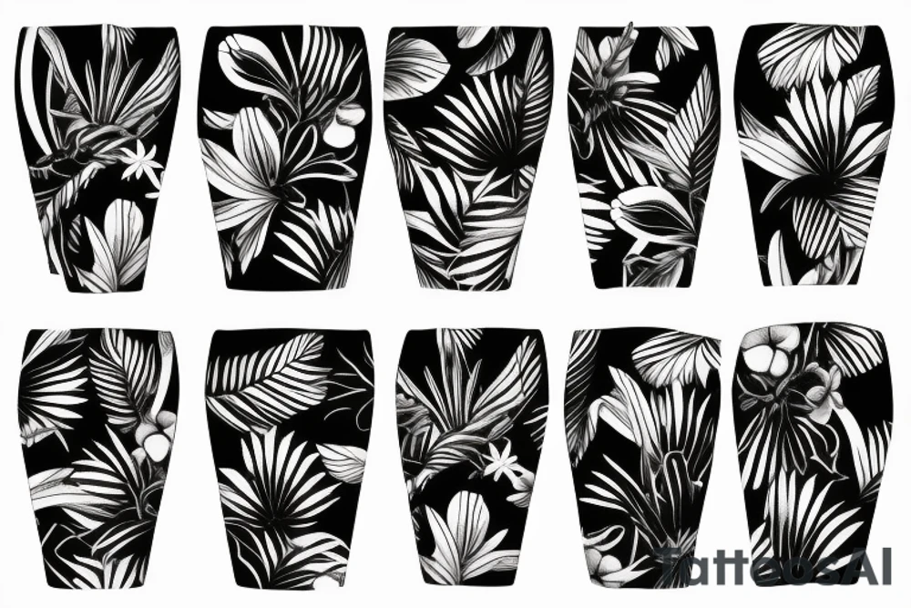 black background sleeve with tropical flowers tattoo idea
