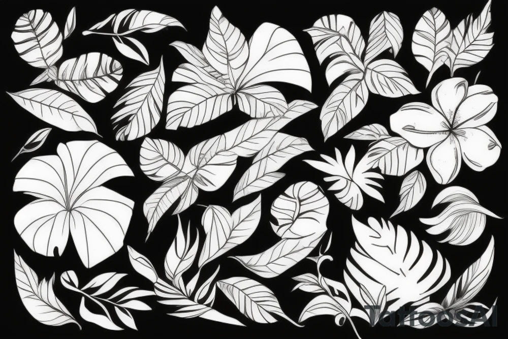 black background with tropical flowers tattoo idea