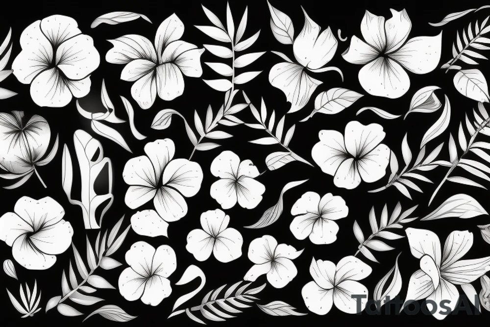 black background with tropical flowers tattoo idea