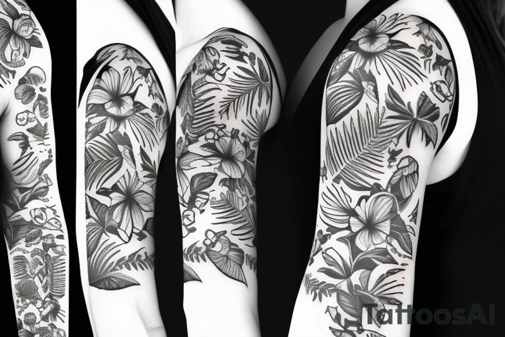 black background sleeve with tropical flowers tattoo idea black background sleeve with tropical flowers tattoo idea