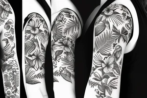 black background sleeve with tropical flowers tattoo idea