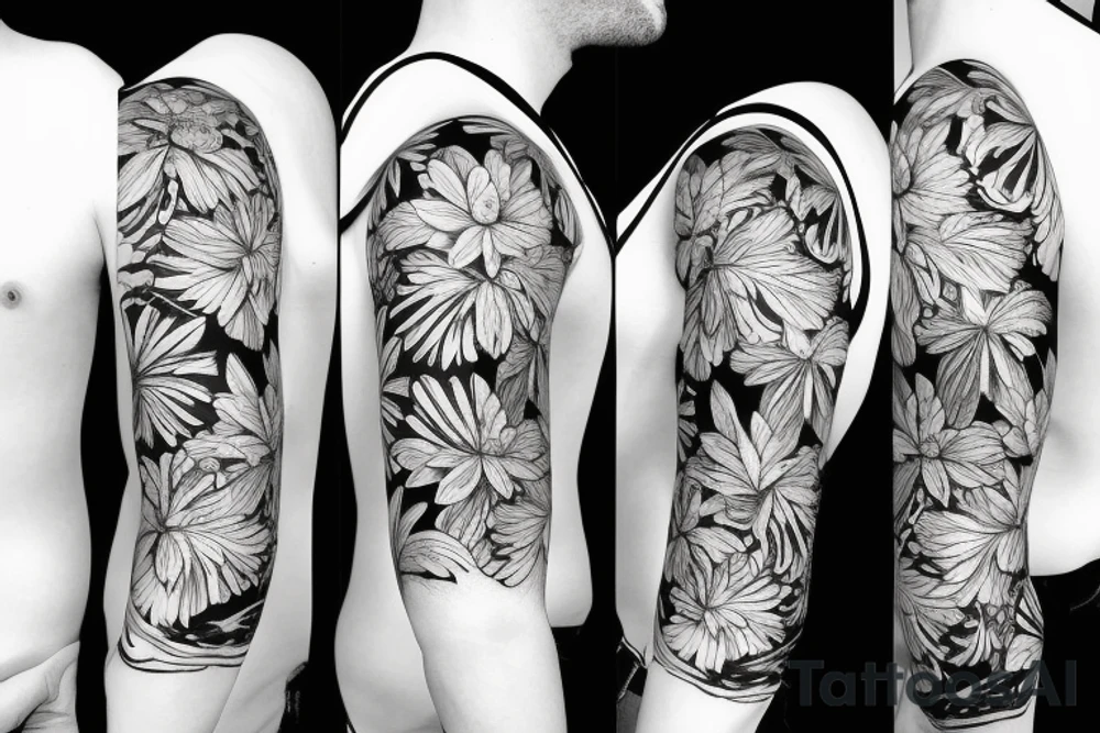 black background sleeve with tropical flowers tattoo idea