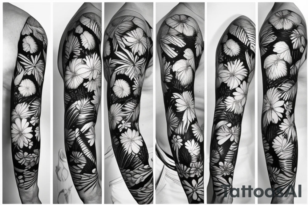black background sleeves with tropical flowers tattoo idea black background sleeves with tropical flowers tattoo idea