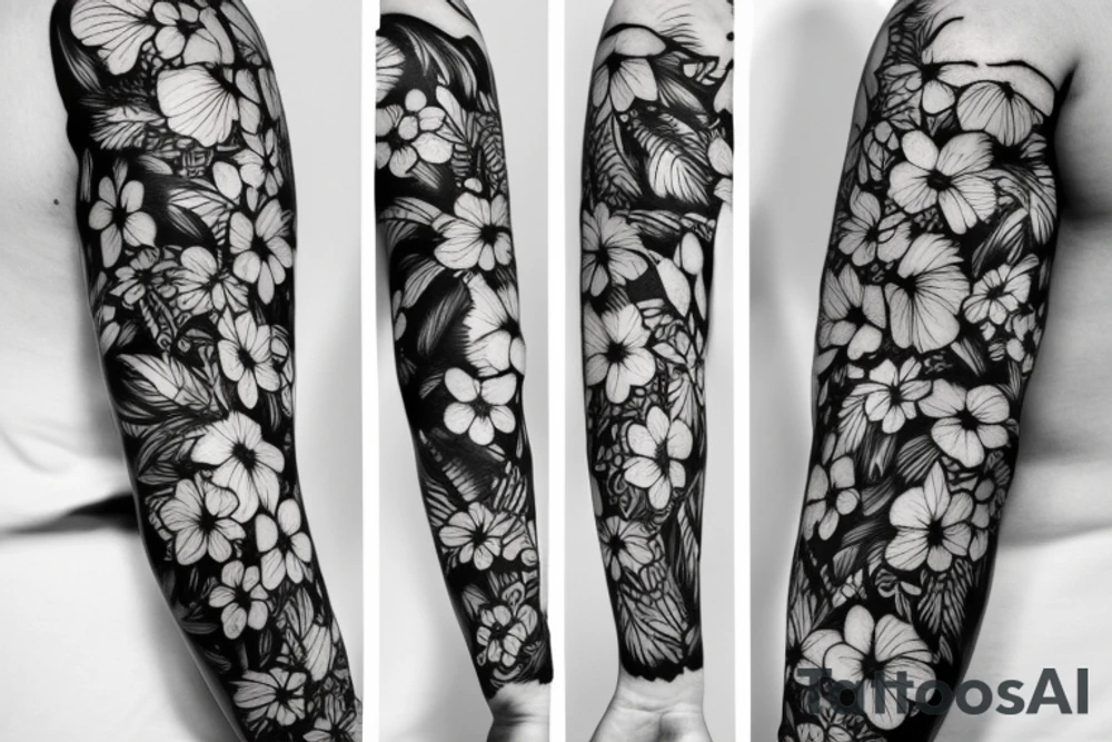black background sleeves with tropical flowers tattoo idea