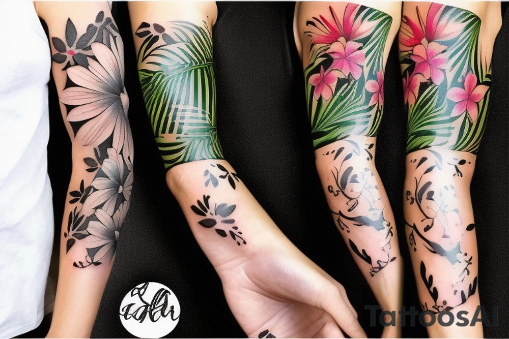 black background sleeves with tropical flowers tattoo idea black background sleeves with tropical flowers tattoo idea