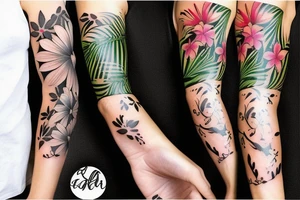 black background sleeves with tropical flowers tattoo idea
