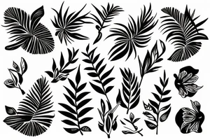 black background half sleeve with tropical flowers tattoo idea