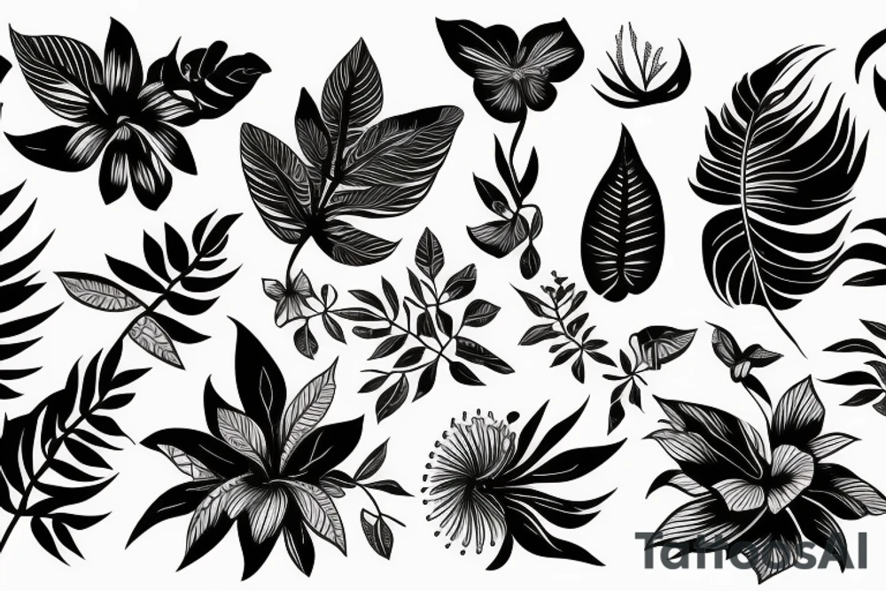 black background half sleeve with tropical flowers tattoo idea