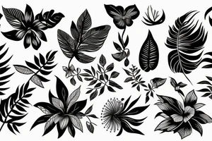 black background half sleeve with tropical flowers tattoo idea