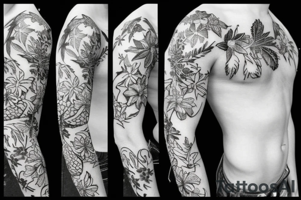 black background half sleeve with tropical flowers tattoo idea black background half sleeve with tropical flowers tattoo idea