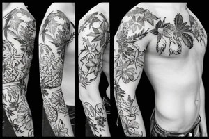 black background half sleeve with tropical flowers tattoo idea
