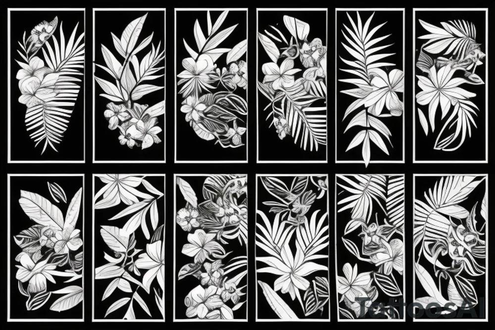 black background half sleeve with tropical flowers tattoo idea