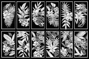 black background half sleeve with tropical flowers tattoo idea
