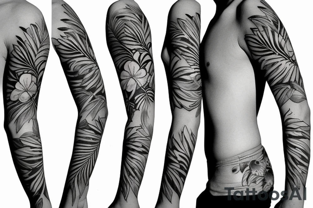 black background half sleeve with tropical flowers tattoo idea black background half sleeve with tropical flowers tattoo idea