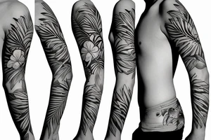 black background half sleeve with tropical flowers tattoo idea