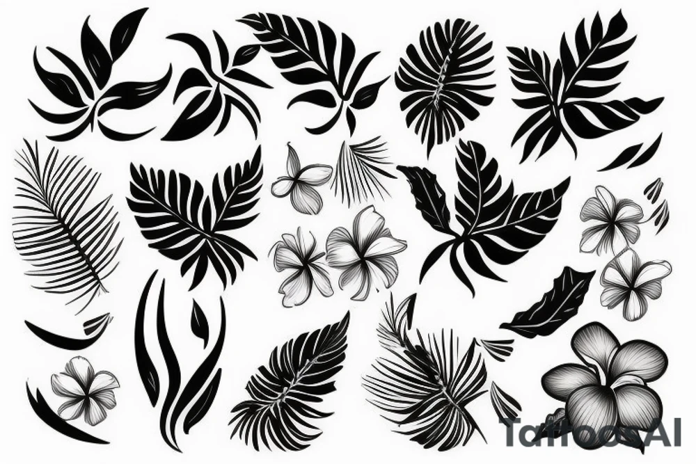 black background half sleeve with tropical flowers tattoo idea