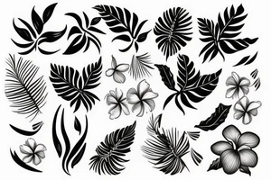 black background half sleeve with tropical flowers tattoo idea